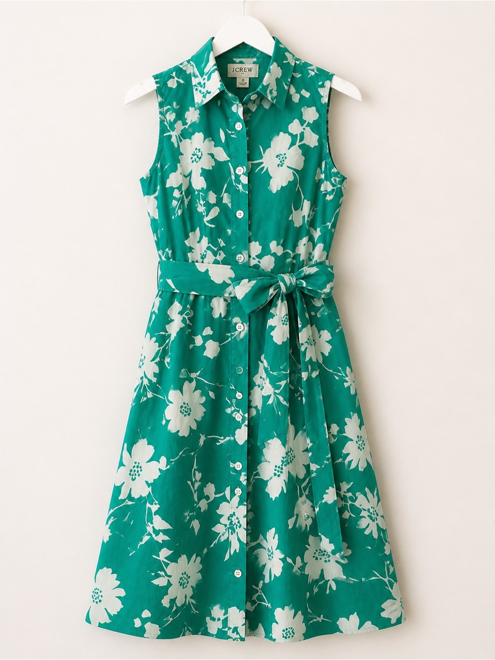 J.Crew Green Floral Shirt Dress Sleeveless Tie Waist Cotton Size 2